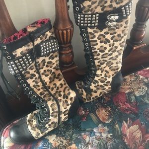 Leopard Studded Zip-up Combat Boots